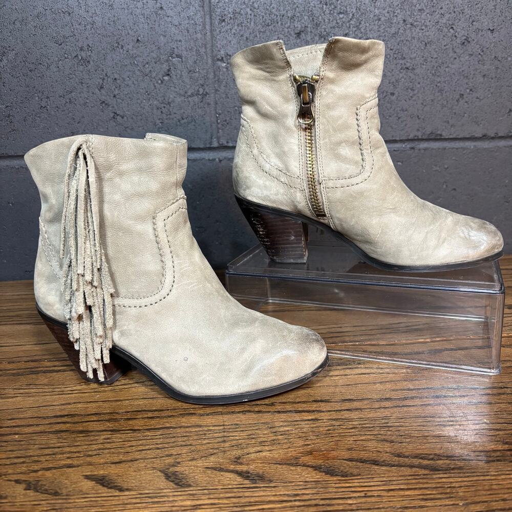 Sam Edelman Louie Fringe Ankle Boots Taupe Leather Western Boho Women’s 7